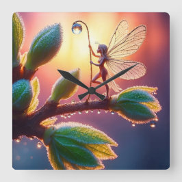 Magical fairy with dewdrop lantern on the branch quadratische wanduhr