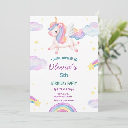 Magical Fairytale Unicorn Rainbow Clouds Einladung (Stehend Vorderseite)