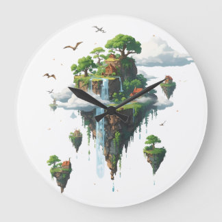 Magical Floating Islands with Trees, Birds & Drago Große Wanduhr
