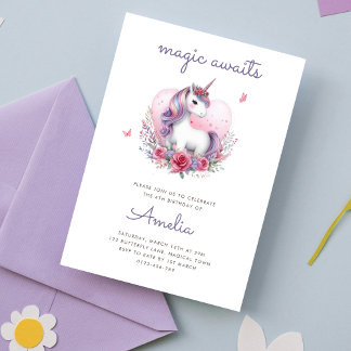 Magical Floral Unicorn Girlie Birthday Party Einladung