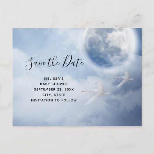 Magical Flying Swans Babydusche Save the Date Einladungspostkarte (Vorderseite)