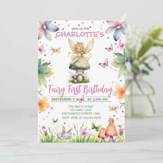 Magical Garden Fairy 1. Geburtstag Einladung (Stehend Vorderseite)