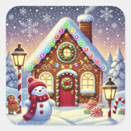 Magical Gingerbread Wonderland: Festive Snowman an Quadratischer Aufkleber