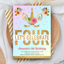Magical Gold Glitzer Unicorn 4. Geburtstag Party Einladung