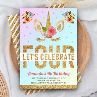 Magical Gold Glitzer Unicorn 4. Geburtstag Party Einladung