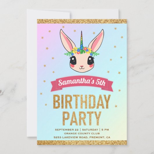 Magical Gold Glitzer Unicorn Bunny Birthday Einladung (Vorderseite)