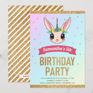 Magical Gold Glitzer Unicorn Bunny Birthday Einladung