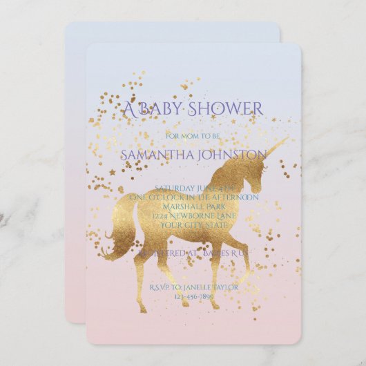 Magical Gold Unicorn Baby Dusche Einladung (Vorne/Hinten)