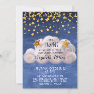 Magical Golden Stars Navy Blue Twins Baby Dusche Einladung