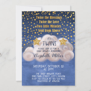 Magical Golden Stars Navy Blue Twins Baby Dusche I Einladung