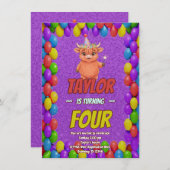 Magical Highland Cow 4th Birthday Invite Einladung (Vorne/Hinten)