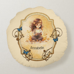 Magical Little Girl Lesen eines Buches Rundes Kissen