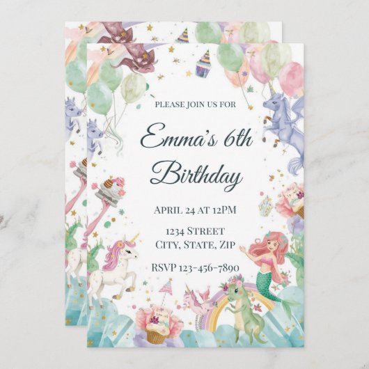 Magical Mermaids Unicorns Rainbows Kids Birthday Einladung (Vorne/Hinten)