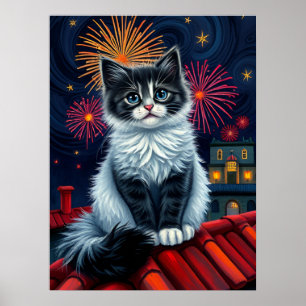 Magical Midnight Kitten Poster - Fluffy Cat Art