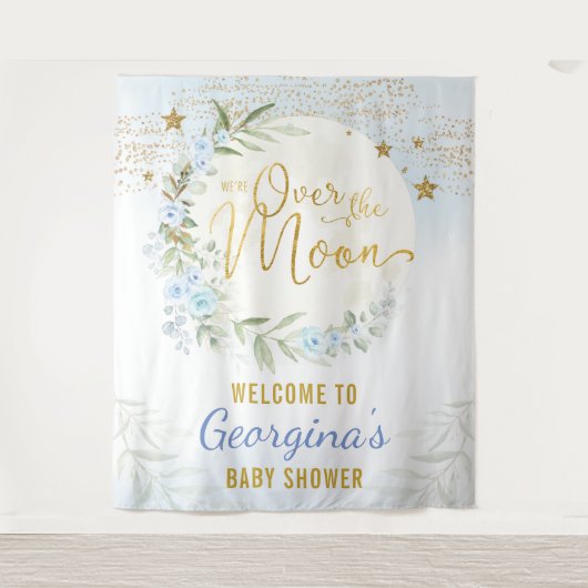 Magical Moon Stars Blue Gold Baby Boy Willkommen Wandteppich (Vorderseite)