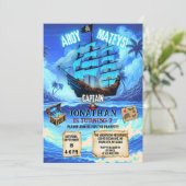 Magical Neon Blue Glow Pirate Ship Ahoy Birthday Einladung (Stehend Vorderseite)