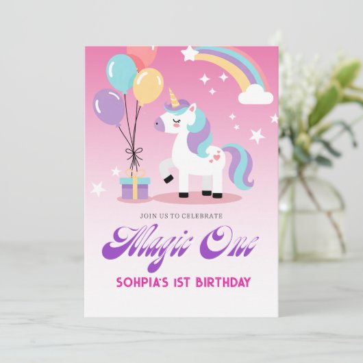 Magical one Birthday Unicorn Einladung (Stehend Vorderseite)