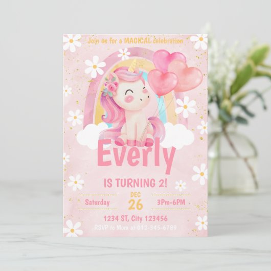 Magical Pastel Unicorn Rainbow Birthday Einladung (Stehend Vorderseite)