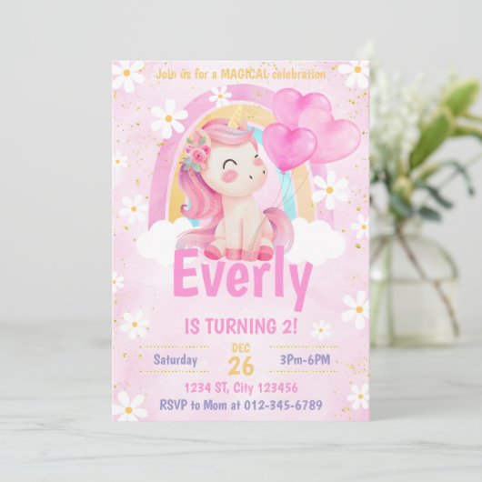 Magical Pastel Unicorn Rainbow Birthday Einladung (Stehend Vorderseite)