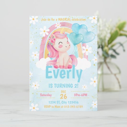 Magical Pastel Unicorn Rainbow Birthday Einladung (Stehend Vorderseite)