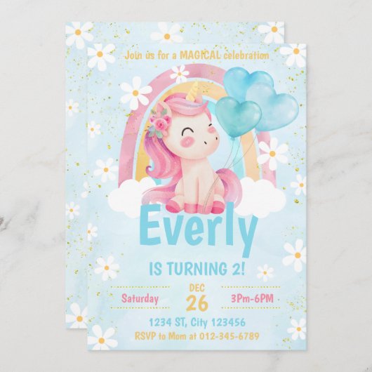 Magical Pastel Unicorn Rainbow Birthday Einladung (Vorne/Hinten)