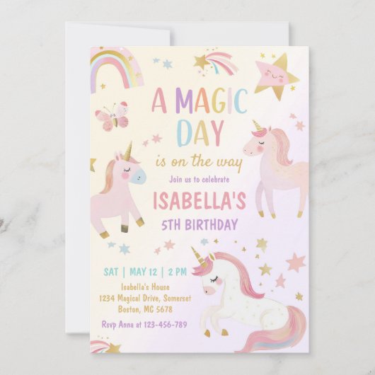 Magical Pastel Unicorn Rainbow Birthday Party Einladung (Vorderseite)