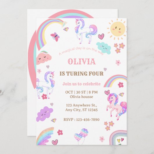 Magical Pastel Unicorn Rainbow Birthday Party Einladung (Vorne/Hinten)