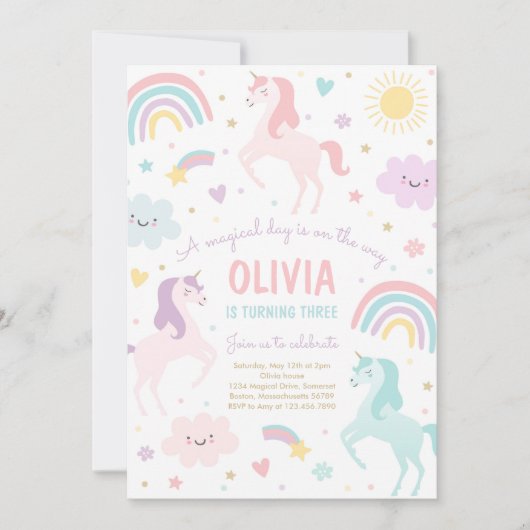 Magical Pastel Unicorn Rainbow Birthday Party Einladung (Vorderseite)