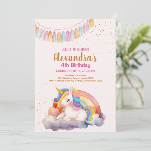 Magical Pastel Unicorn Rainbow Birthday Party Einladung (Stehend Vorderseite)
