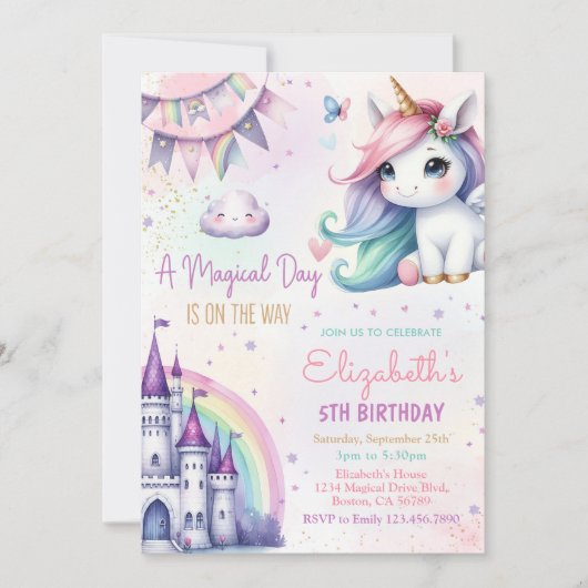 Magical Pastel Unicorn Rainbow Birthday Party Einladung (Vorderseite)