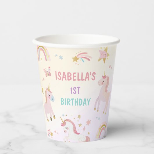 Magical Pastel Unicorn Rainbow Birthday Party Pappbecher (Vorderseite)