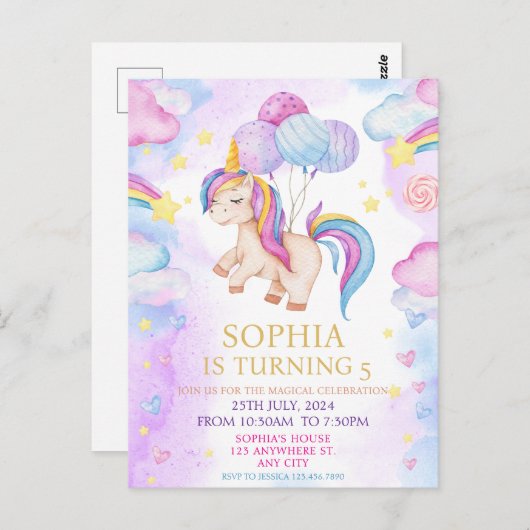 Magical Pastel Unicorn Rainbow Birthday Party Postkarte (Vorne/Hinten)