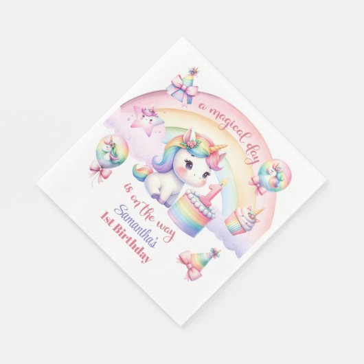 Magical Pastel Unicorn Rainbow Birthday Party Serviette (Ecke)