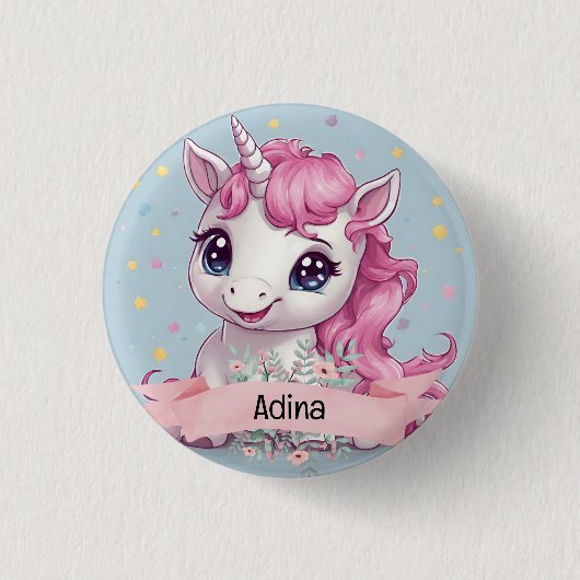 Magical Pink Baby Unicorn Stars Individuelle Name Button (Vorderseite)