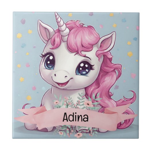 Magical Pink Baby Unicorn Stars Individuelle Name Fliese (Vorderseite)