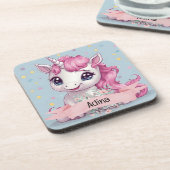 Magical Pink Baby Unicorn Stars Individuelle Name Getränkeuntersetzer (Linke Seite)
