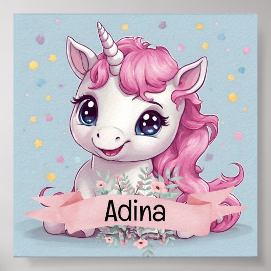 Magical Pink Baby Unicorn Stars Individuelle Name Poster (Vorne)