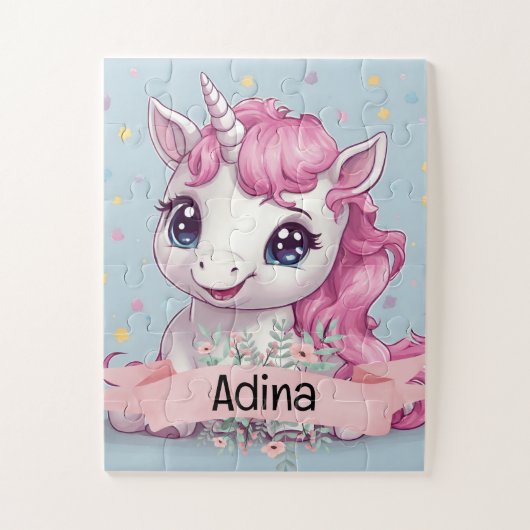 Magical Pink Baby Unicorn Stars Individuelle Name Puzzle (Vertikal)