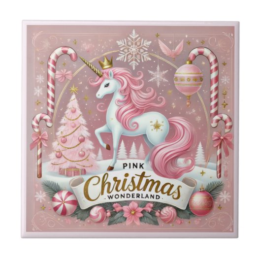 Magical Pink Christmas Wonderland Unicorn Fliese (Vorderseite)