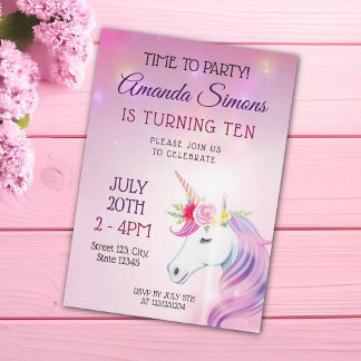 Magical Pink Floral Unicorn Girl 10th Birthday Einladung