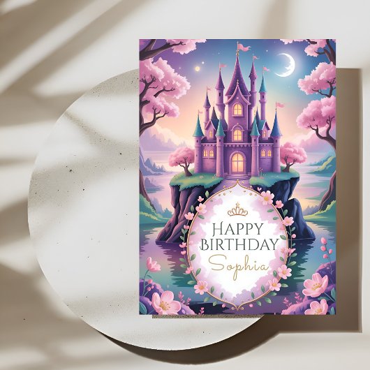 Magical Pink Princess Castle Birthday Karte