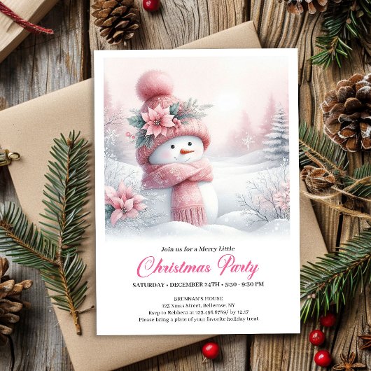 Magical Pink Snowman Editable Kids Christmas Party Einladung