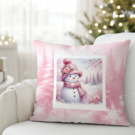 Magical Pink Winter Pillow Cute Snowman Style Kissen