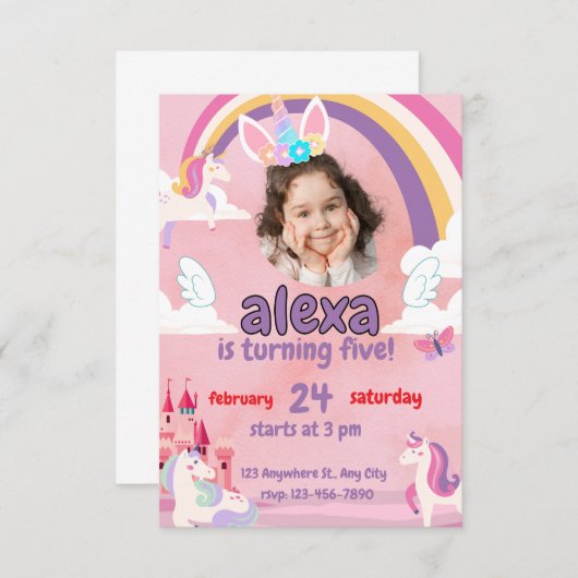 Magical Purple Unicorn 5th Custom Photo Girls Einladung (Vorne/Hinten)