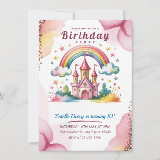 Magical Rainbow Castle 10th Birthday Invitation Einladung