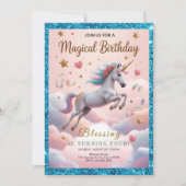 Magical Rainbow Unicorn 4th Birthday Einladung (Vorderseite)