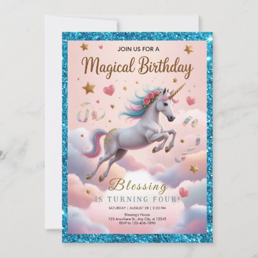 Magical Rainbow Unicorn 4th Birthday Einladung (Vorderseite)
