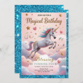 Magical Rainbow Unicorn 4th Birthday Einladung (Vorne/Hinten)