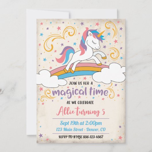 Magical Rainbow Unicorn Birthday Invitation Einladung (Vorderseite)