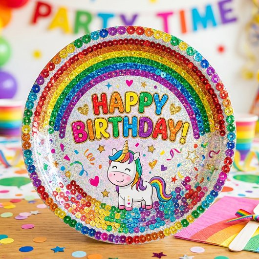 Magical Rainbow Unicorn Sequin Print Birthday Pappteller